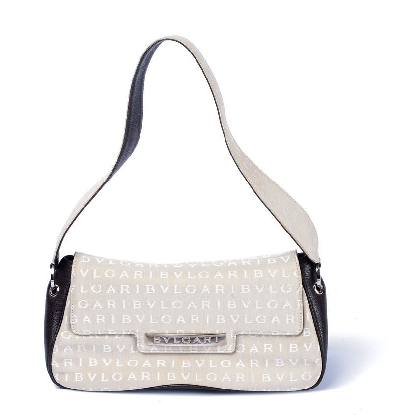 Borsa a spalla in pelle marrone e tela monogram beige