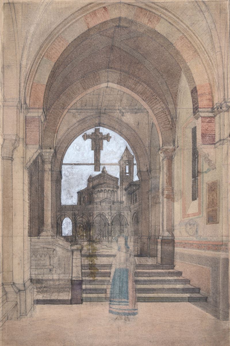 Anonimo, XIX Sec. - Donna con Veduta di Chiesa sullo Sfondo (fronte); Paesaggio (verso)