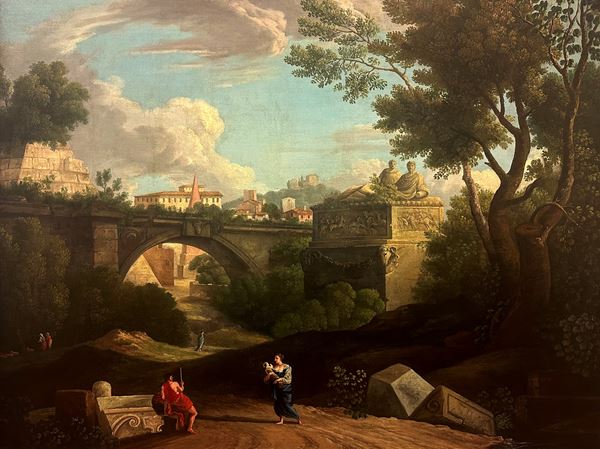 Jan Frans  van Bloemen - Paesaggio boscoso con colline e corso d'acqua