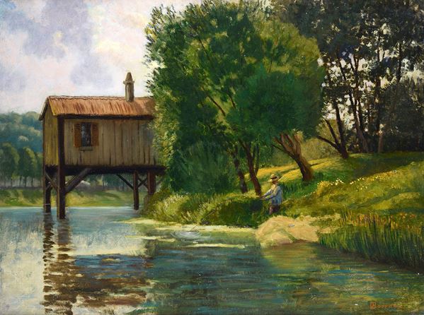 Odoardo Borrani - Scorcio fluviale con pescatore