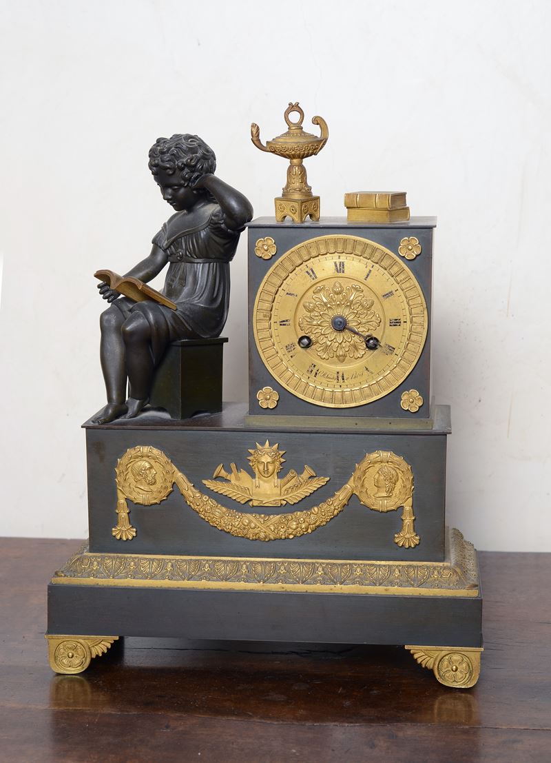 Orologio da Camino in Metallo Brunito e Bronzo Dorato