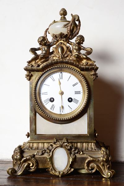 Orologio da Camino in Bronzo Dorato e Alabastro