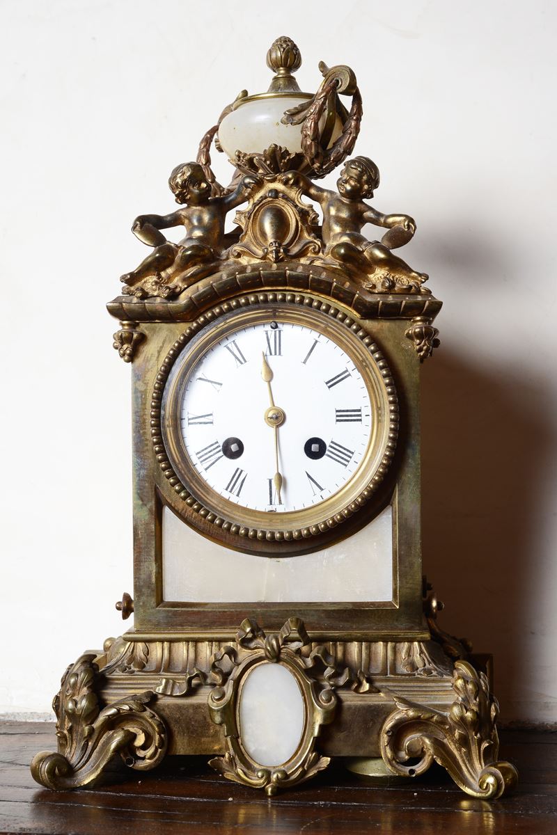 Orologio da Camino in Bronzo Dorato e Alabastro