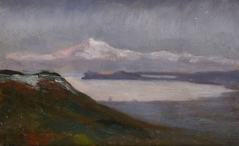 Anonimo, XX Sec. - Paesaggio (fronte)/figure con Bandiere (verso)