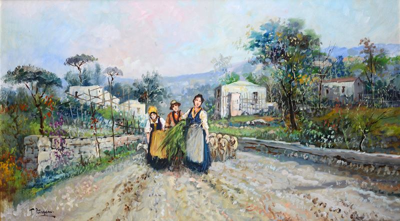 Strada con contadini e gregge