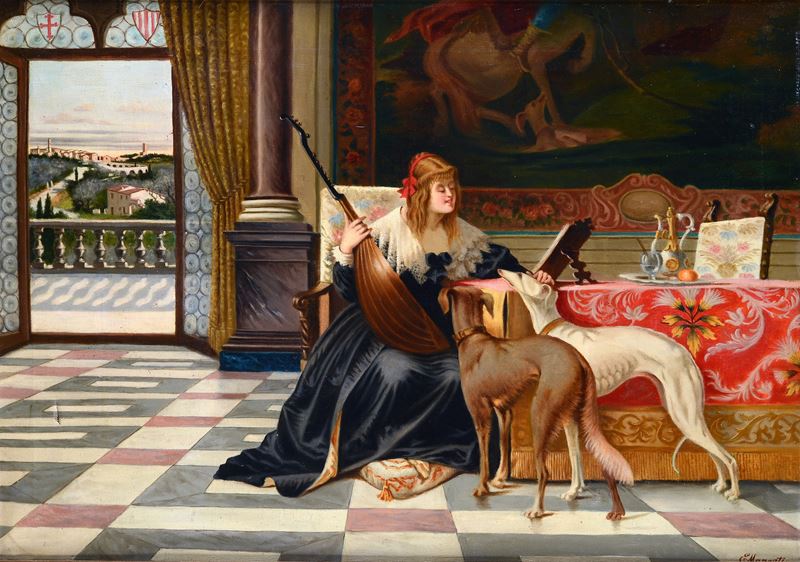 L'Artista Leopoldina Borzino con due cani ed un liuto (da Luigi Crosio)