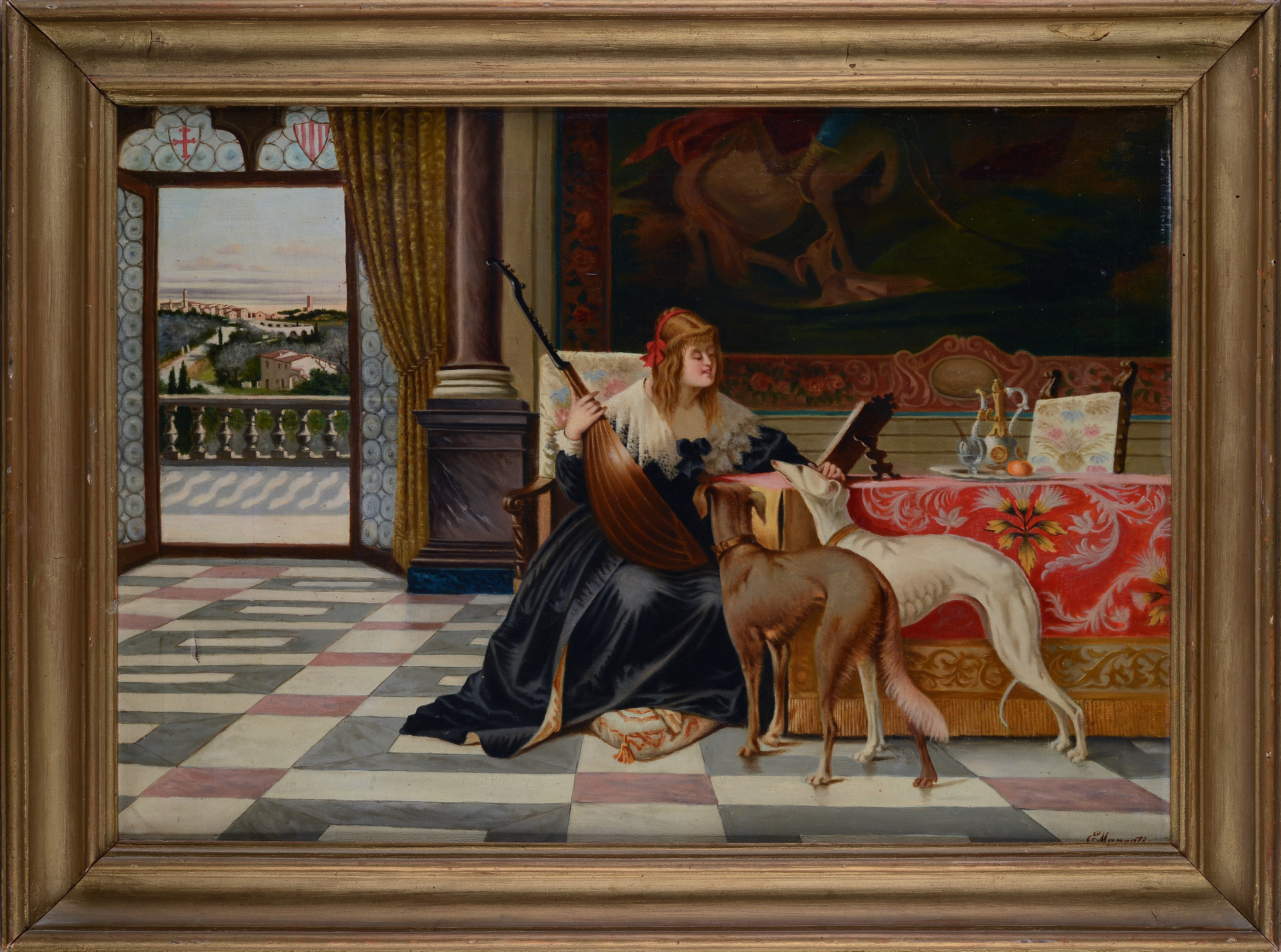 L'Artista Leopoldina Borzino con due cani ed un liuto (da Luigi Crosio)