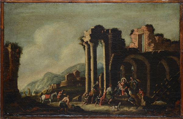 Scuola Veneta, XVIII sec. - Paesaggio con Natività entro capriccio architettonico