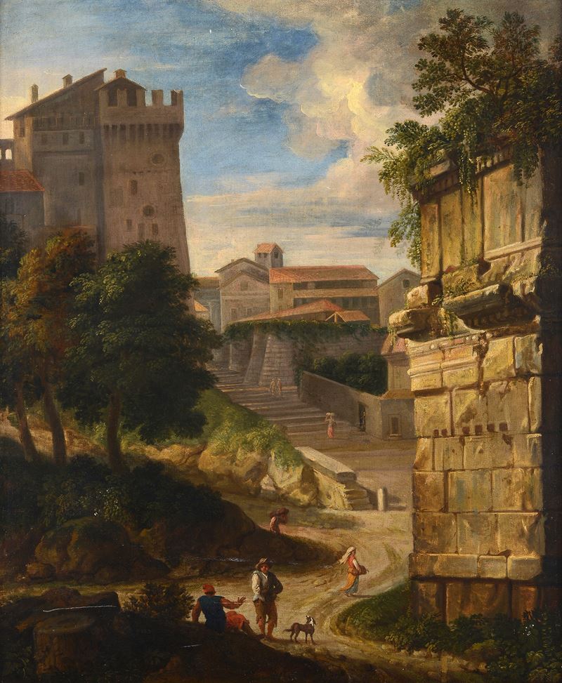 Scuola Italia Centrale, XVII - XVIII Sec. - Paesaggio con Castello, Rovine e Figure