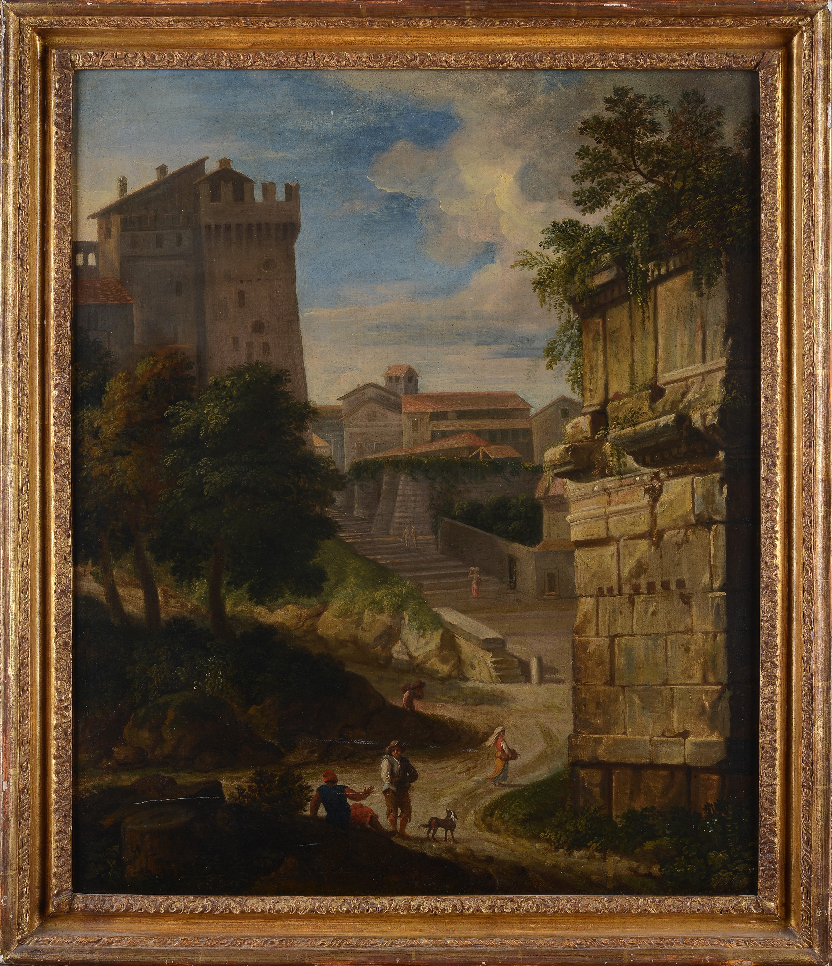 Scuola Italia Centrale, XVII - XVIII Sec. - Paesaggio con Castello, Rovine e Figure