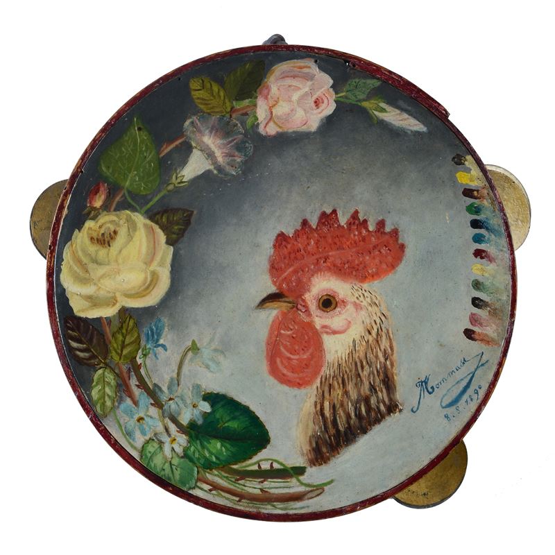 Tamburello dipinto con figura di gallo e fiori