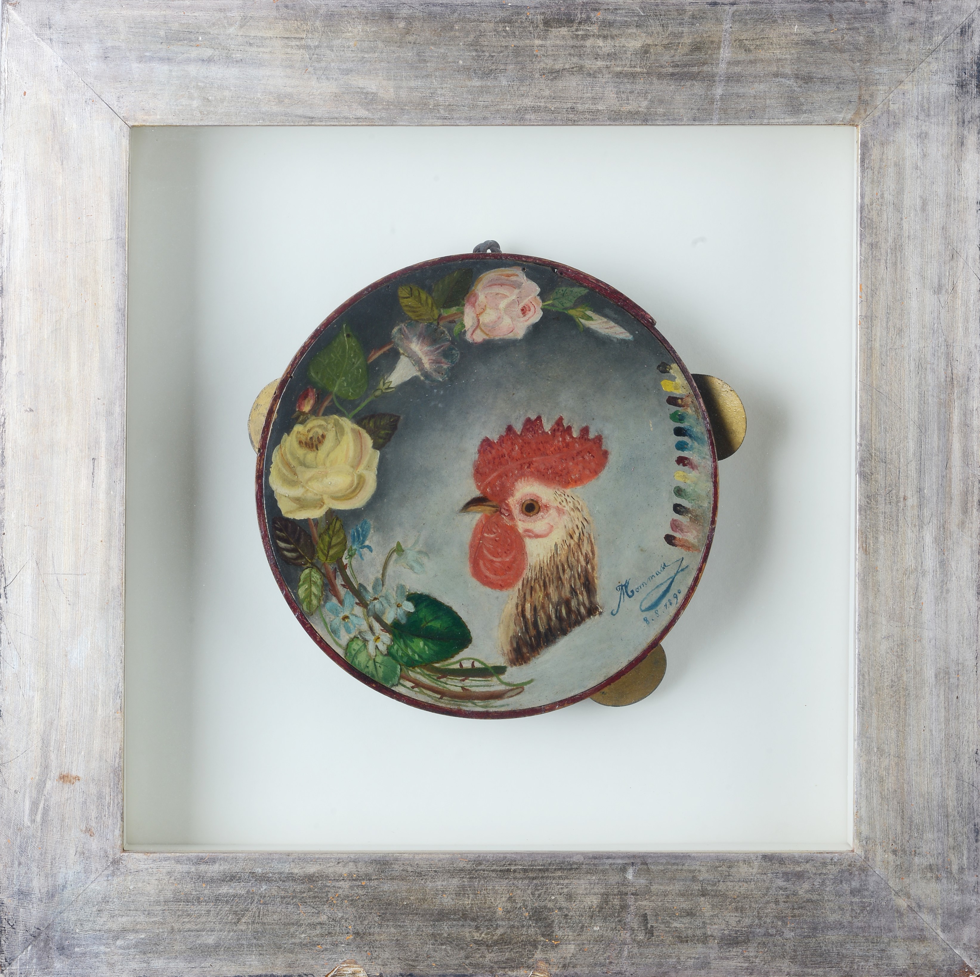 Tamburello dipinto con figura di gallo e fiori