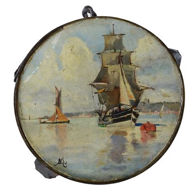 Tamburello Dipinto con Scene di Velieri