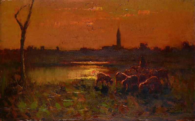 Beppe Ciardi - Paesaggio al Tramonto con Pastore e Pecore