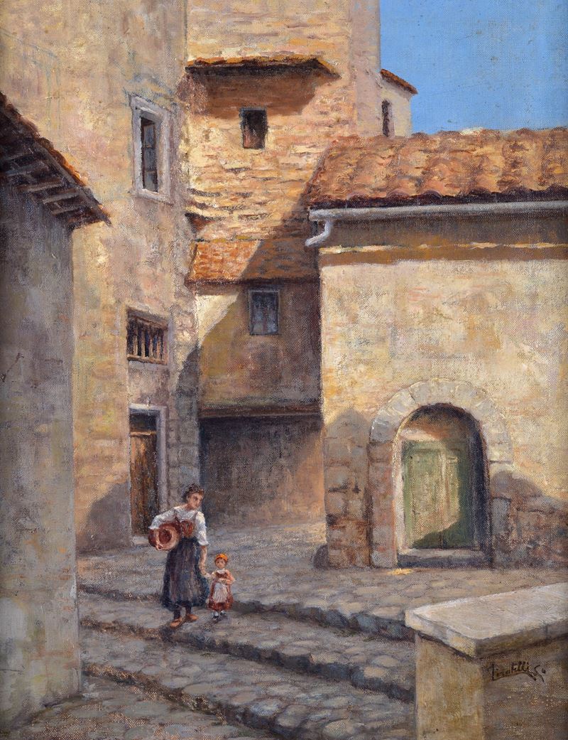 Cesare Tiratelli - Scorcio di Paese con Figure