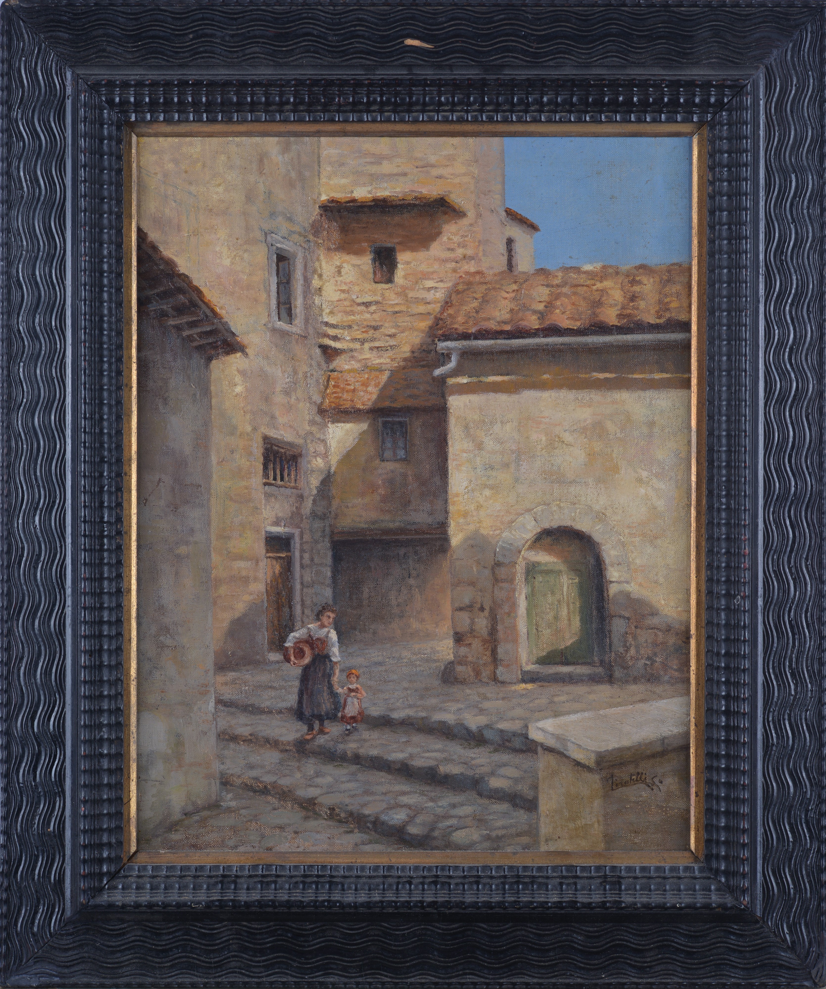 Cesare Tiratelli - Scorcio di Paese con Figure