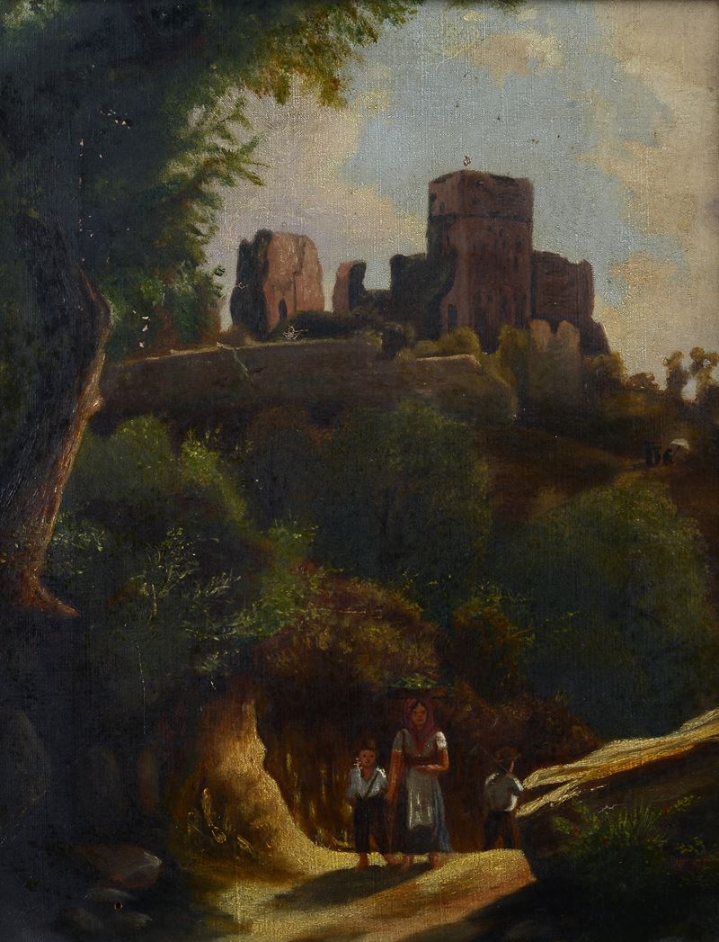 Paesaggio con rocca e figure