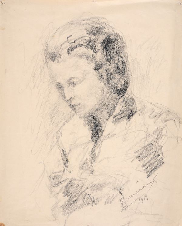Anonimo, XIX sec. : Volto  (1919)  - Carboncino su carta - Asta LA RACCOLTA DI UN PITTORE - DISEGNI DAL XVI AL XX SEC - Pananti Online