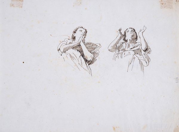 Anonimo, XIX sec. : Studio di figure oranti  - Inchiostro su carta - Asta LA RACCOLTA DI UN PITTORE - DISEGNI DAL XVI AL XX SEC - Pananti Online