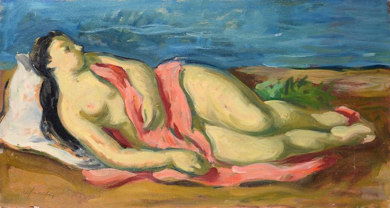 Donna sdraiata con drappo rosa