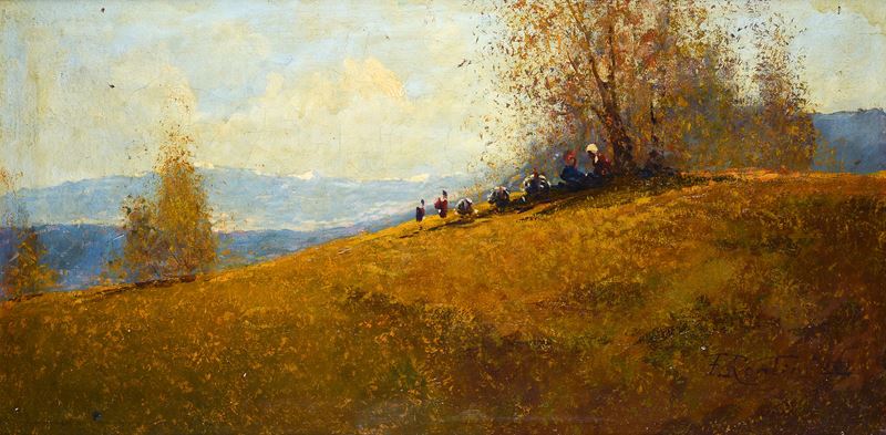 Paesaggio con figure e tacchini