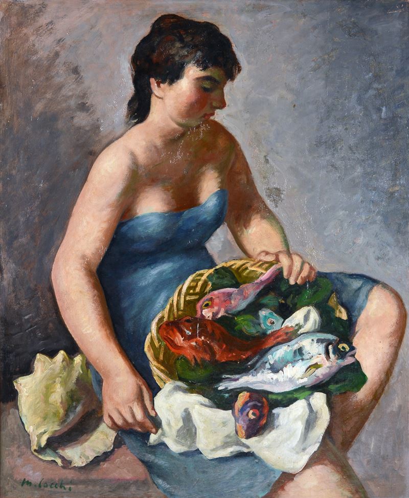 Ragazza con cesto di pesci