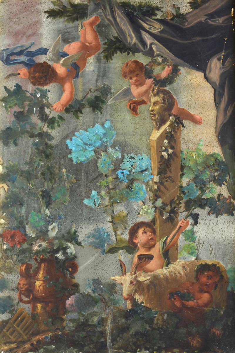 Anonimo, XIX Sec. - Putti con Scultura di Satiro e Fiori