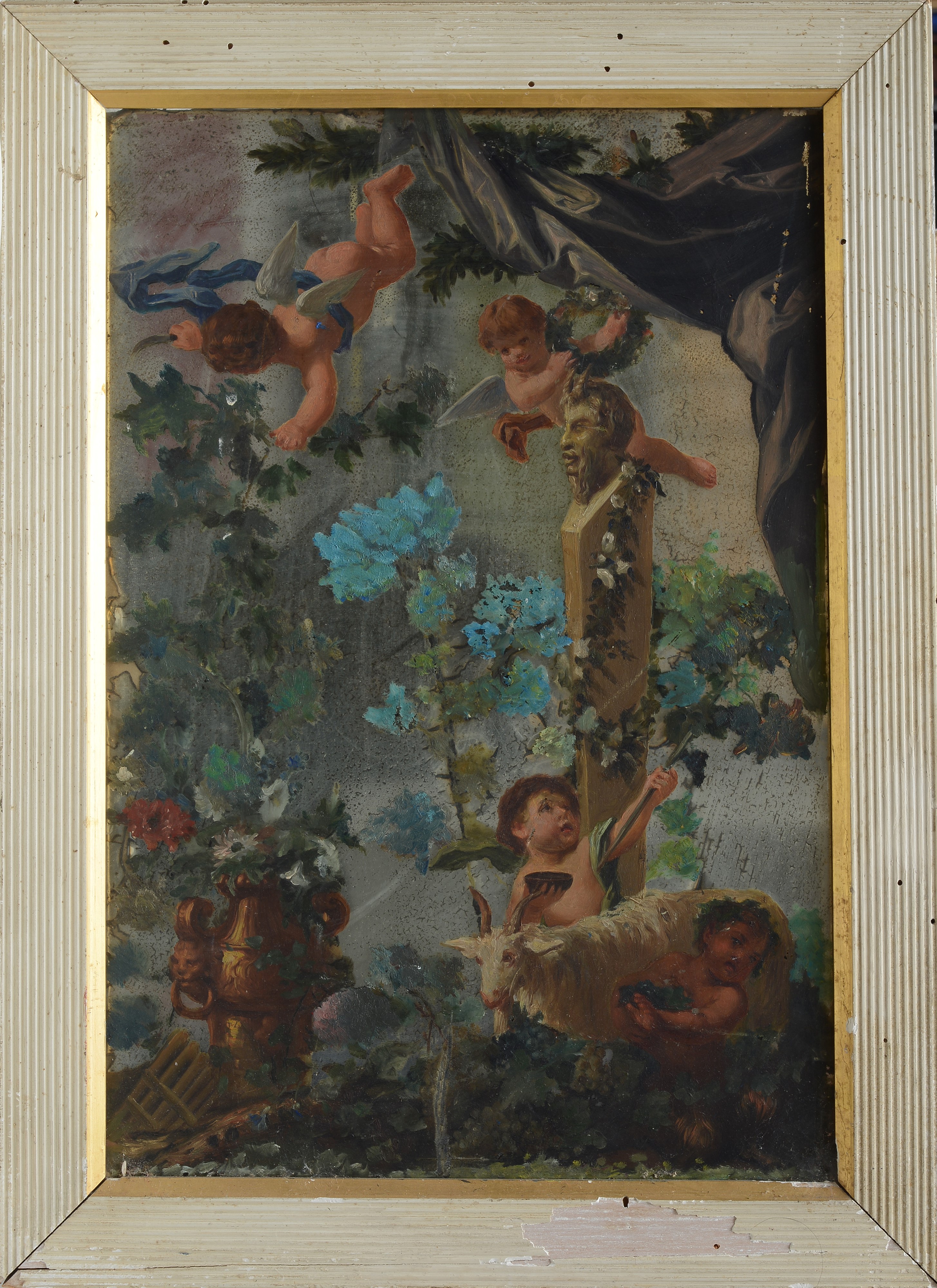 Anonimo, XIX Sec. - Putti con Scultura di Satiro e Fiori