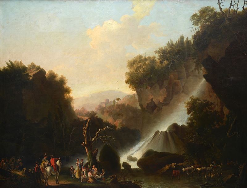Scuola Italia Settentrionale, XVIII Sec. - Paesaggio con Cascate e Figure