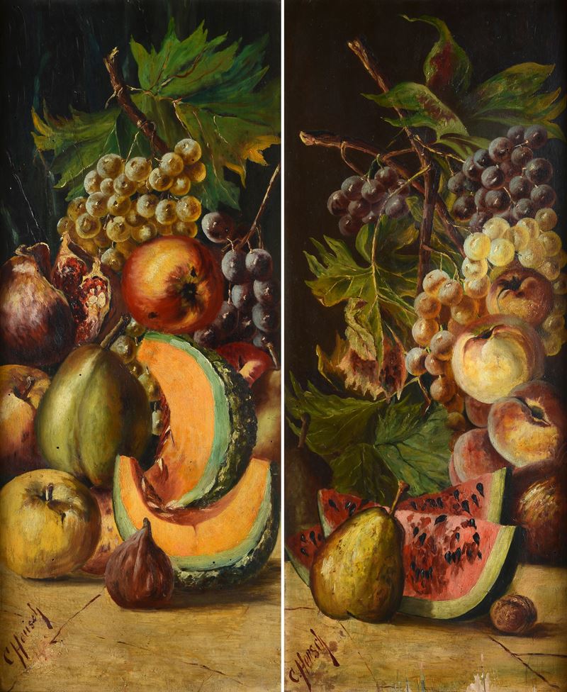 Anonimo, XIX Sec. - Coppia di Nature Morte con Frutta