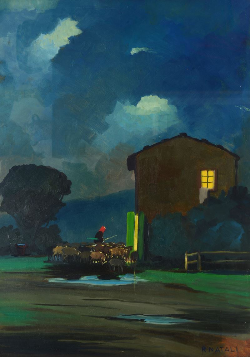 Attr. a Renato Natali - Paesaggio con Contadina e Gregge