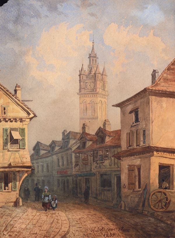 Scuola Francese, XIX sec. - Scorcio di cittadina in Normandia