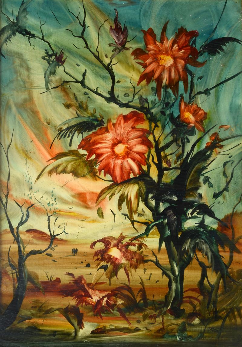 Anonimo, XX Sec. - Paesaggio Surreale con Fiori e Figure