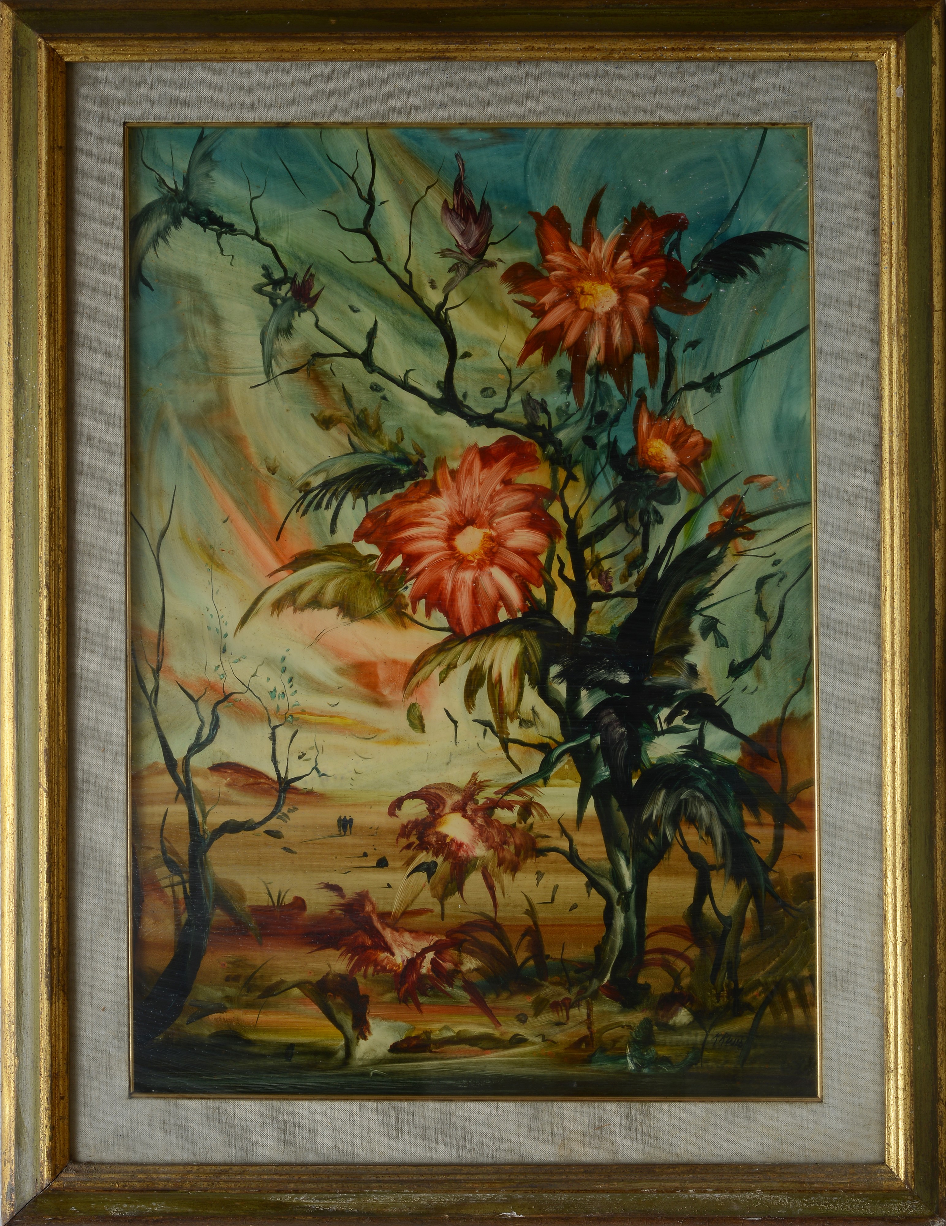 Paesaggio surreale con fiori e figure