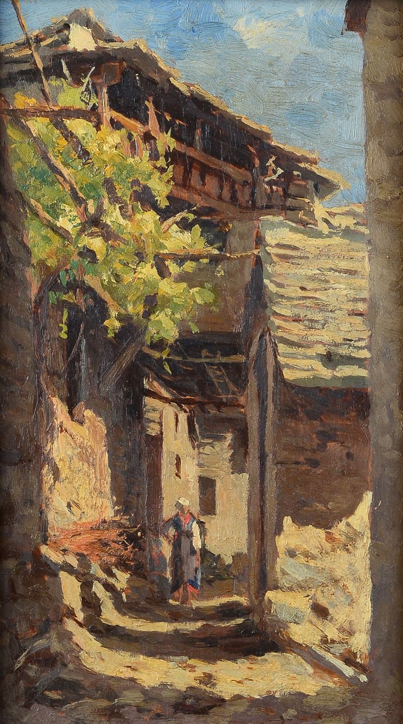 Scuola Toscana, XIX Sec. - Scorcio di Paese con Figura