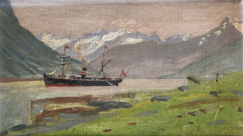 Paesaggio lacustre con battello