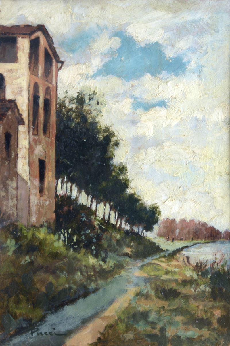 Anonimo, XX Sec. - Paesaggio con Alberi e Casa