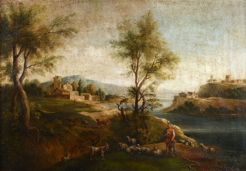 Paesaggio con figure e paese sullo sfondo