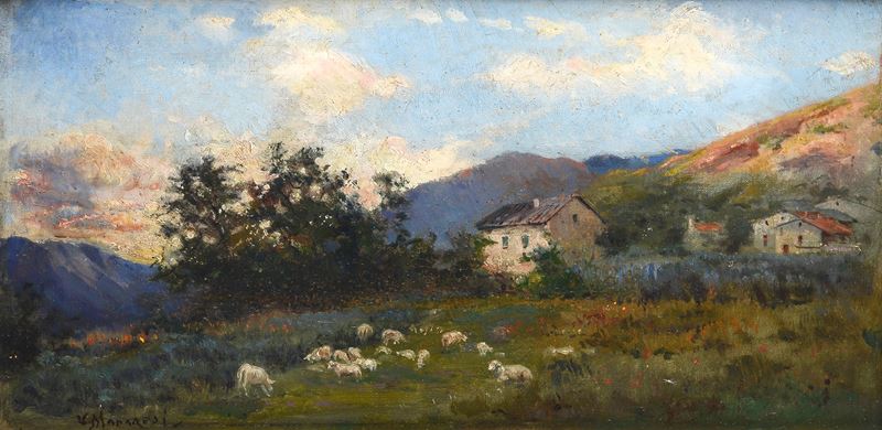 Attr. a Ugo Manaresi - Paesaggio con Gregge e Case