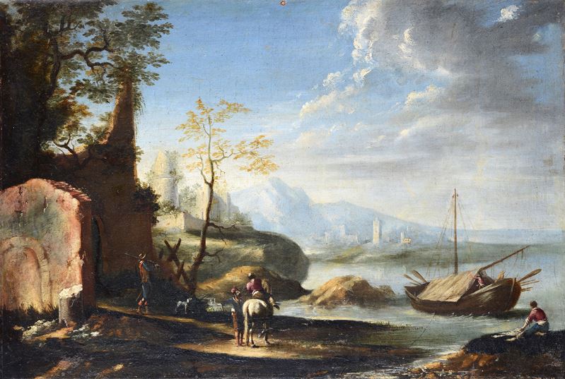 Anonimo, XVIII Sec. - Paesaggio Lacustre con Figure