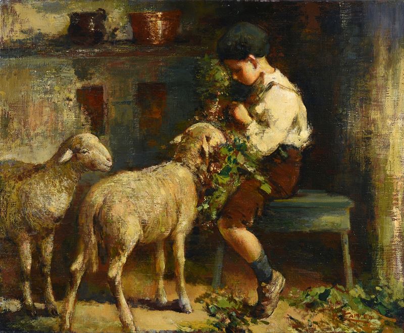 Scuola Napoletana, XIX Sec. - Pastorello Nell'ovile