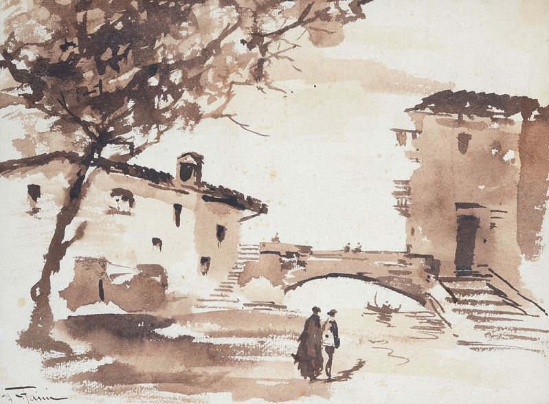 Giulio Fortunato Faini - Paesaggio con Case e Ponte