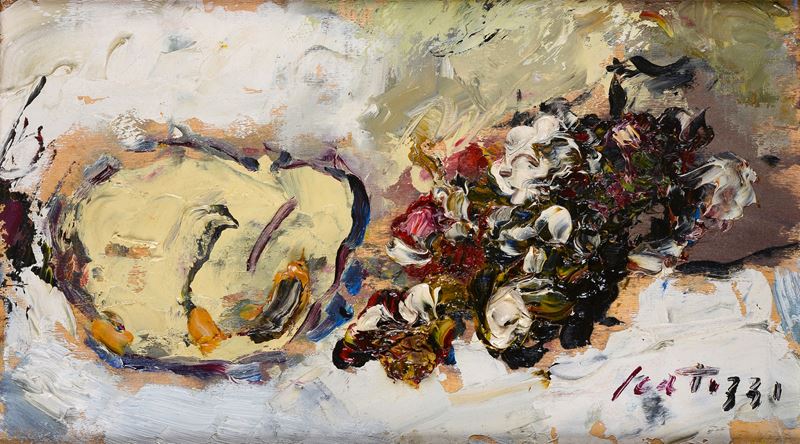 Sergio Scatizzi - Natura morta con meloni e uva, olio su compensato