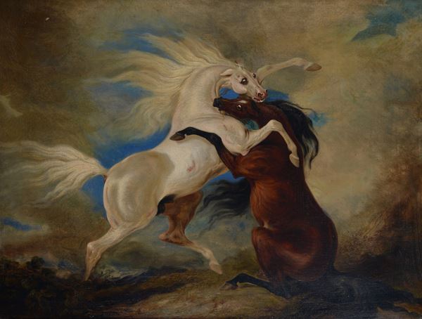 Attr. a Alfred Dehodencq - Combattimento di cavalli arabi