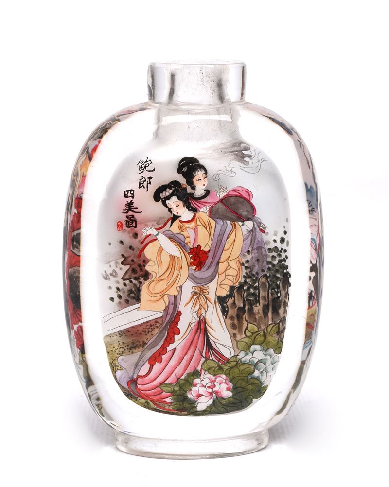 N. 1 boccetta per profumo in vetro lalique ed esterno in vetro trasparente con decorazione orient...