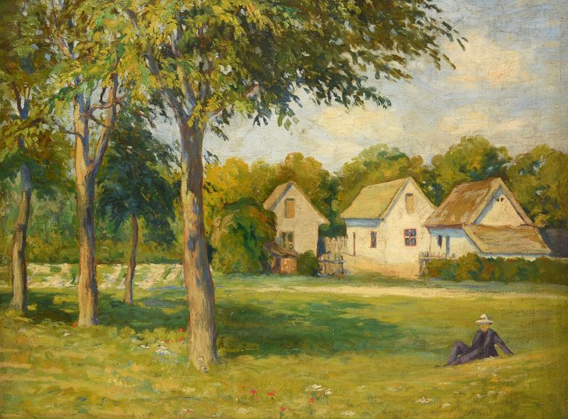 Paesaggio con case e figura