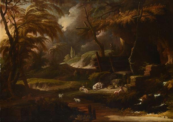 Anonimo, XIX - XX sec. -  Scena di bosco con animali