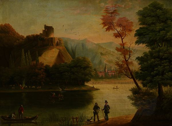 Anonimo, XIX sec. - Paesaggio lacustre con figure