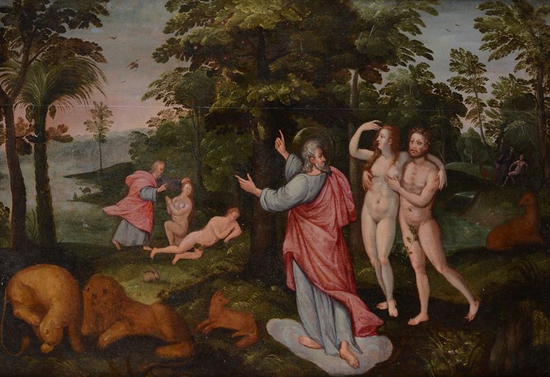 Il paradiso terrestre con la creazione di Adamo ed Eva