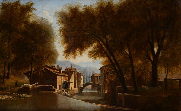 Anonimo, XIX sec. - Paesaggio fluviale con ponte
